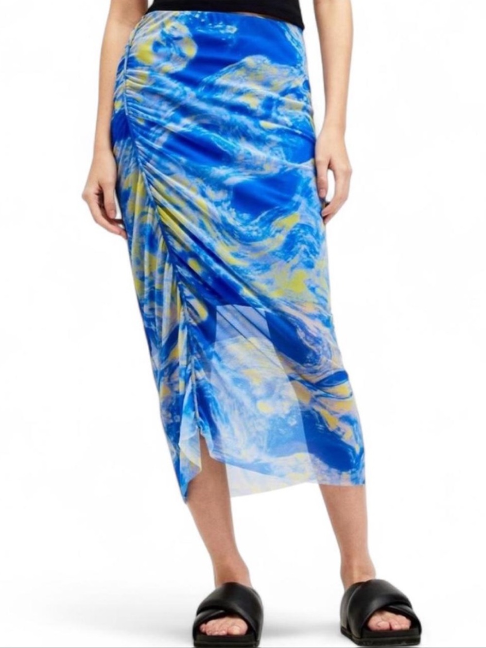 All Saints Y2K Ruched Micro Mesh Neon Blue & Yellow Abstract Print Midi Skirt